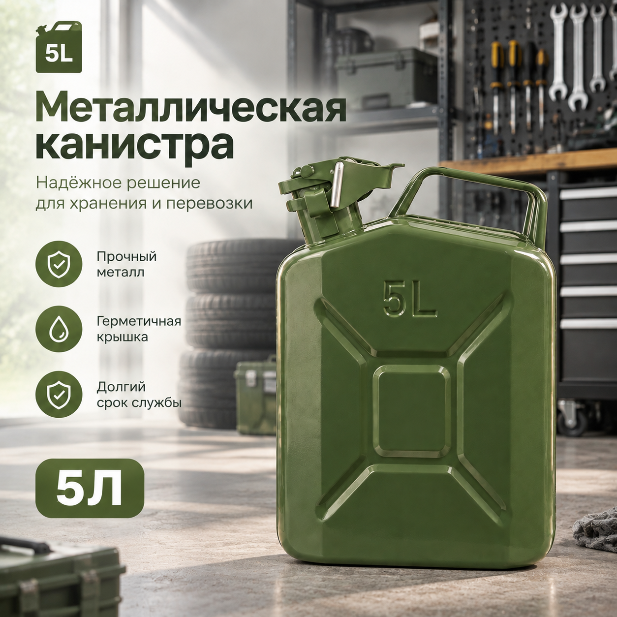 Классическая металлическая канистра для ГСМ (5 литров)