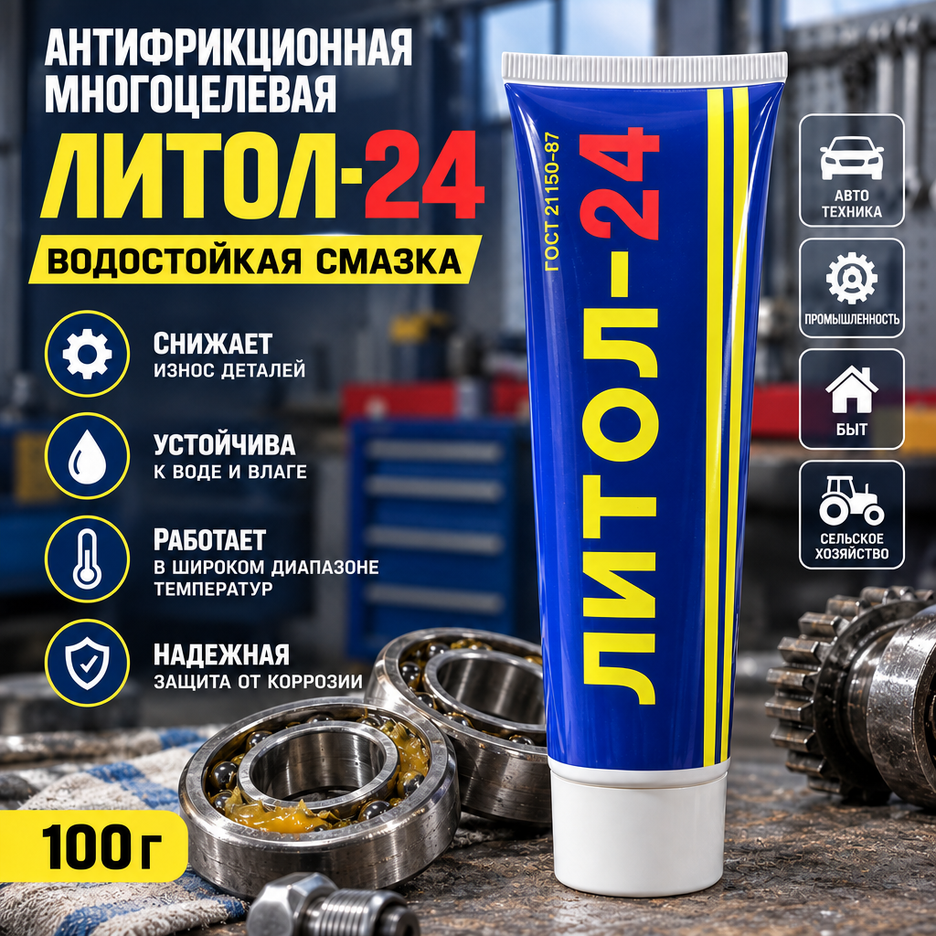 Антифрикционная многоцелевая водостойкая смазка Литол-24, 100г