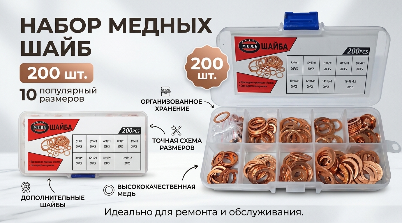Набор уплотнительных медных шайб (200 штук)